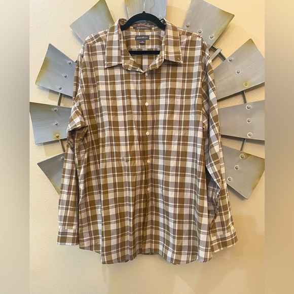 Eddie Bauer Tan and White Plaid Button Down Shirt - Picture 1 of 4